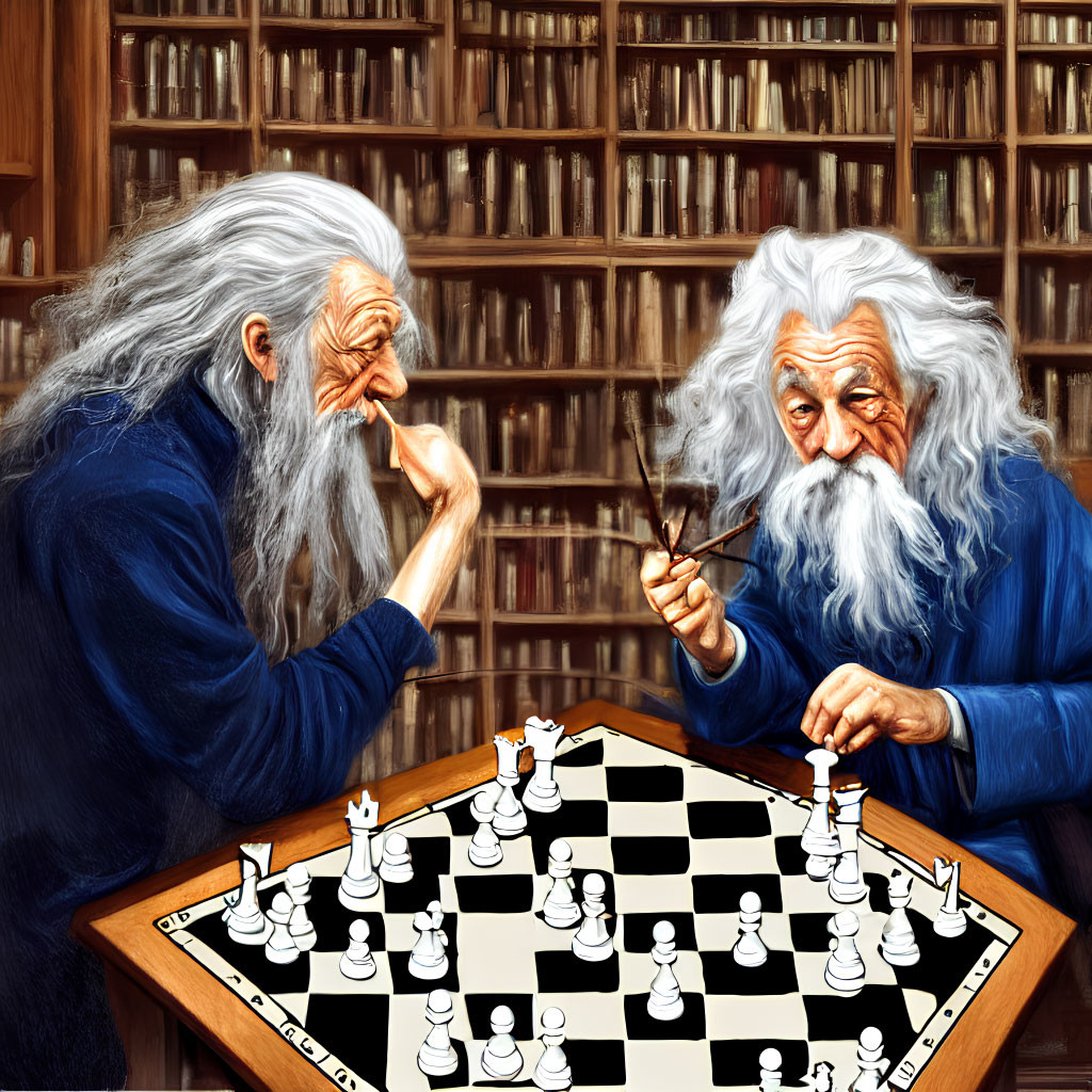 Elderly wizards in blue and grey playing chess in library