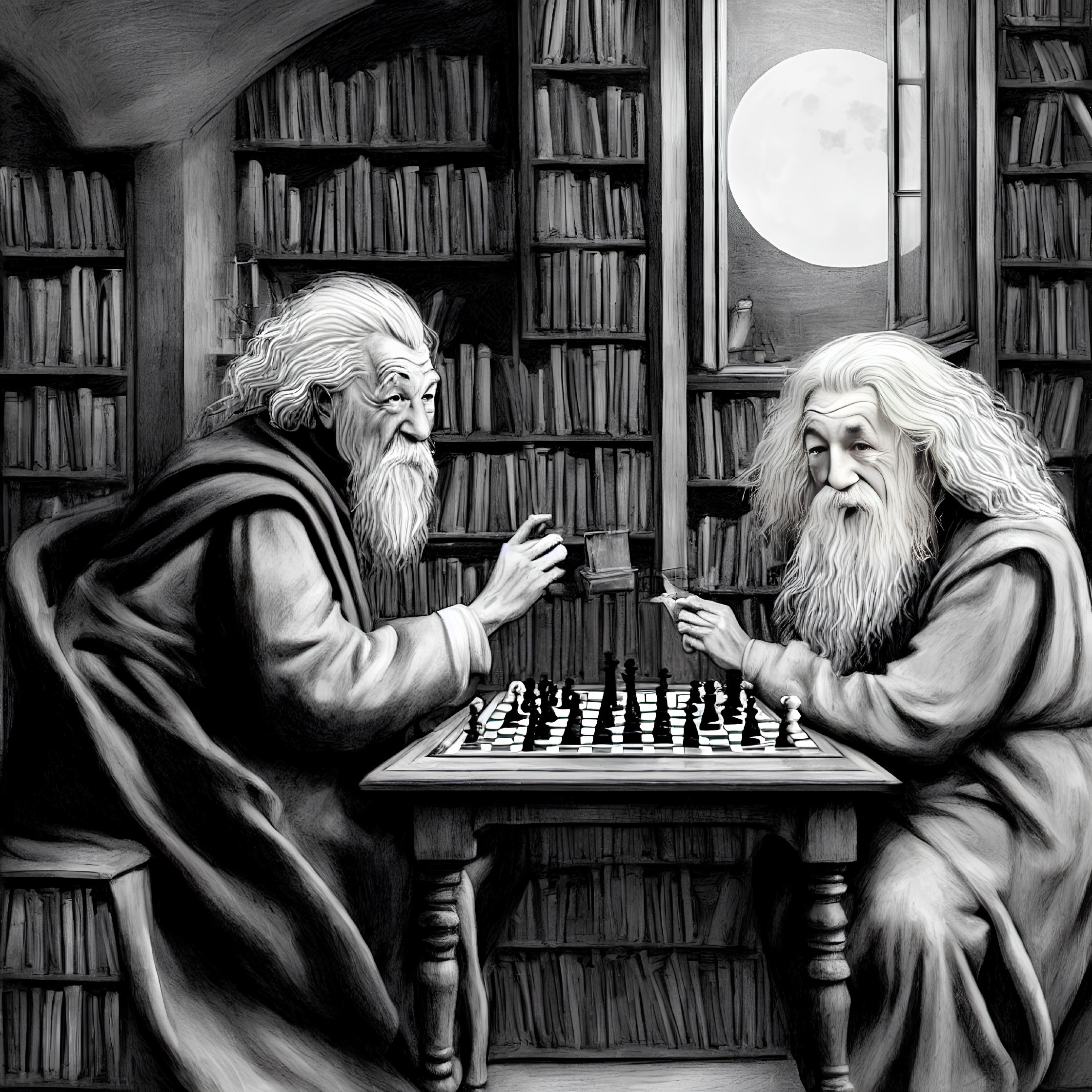 Elderly wizards playing chess in moonlit library