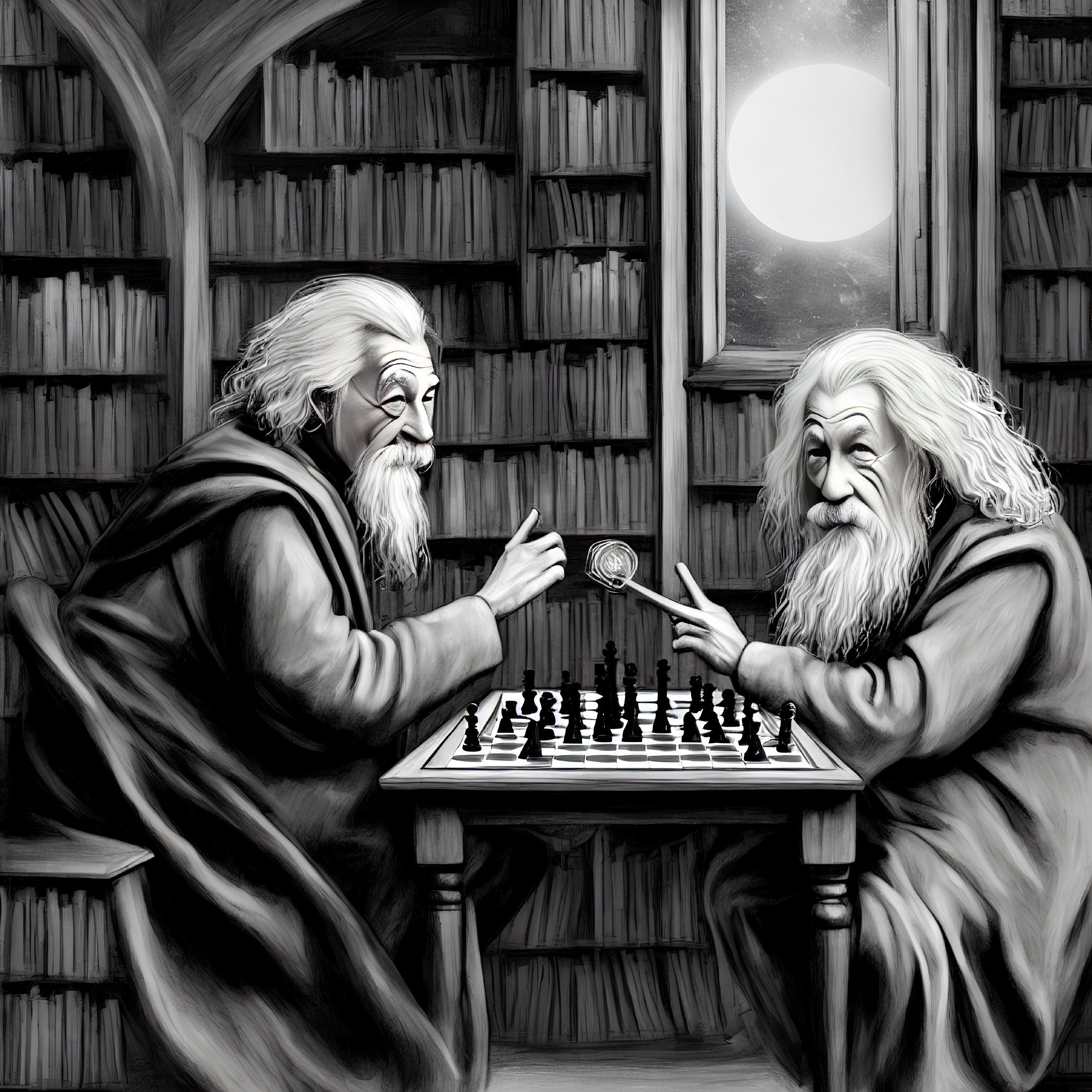 Elderly bearded men playing chess in library under full moon