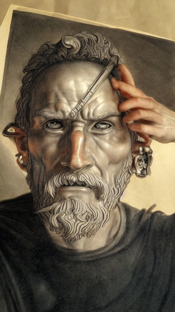 Man sketching his own head in artistic rendering with pencil, focusing on creative self-conceptualization