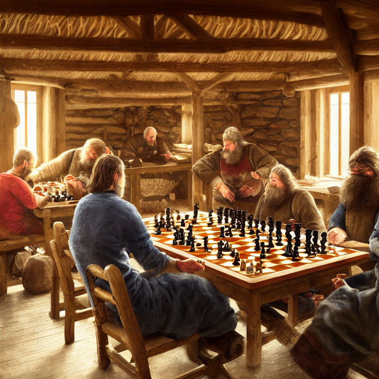 Medieval-themed chess game in rustic wooden cabin