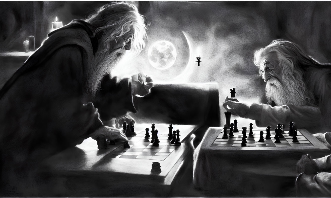 Elderly wizard-like figures playing chess under the full moon