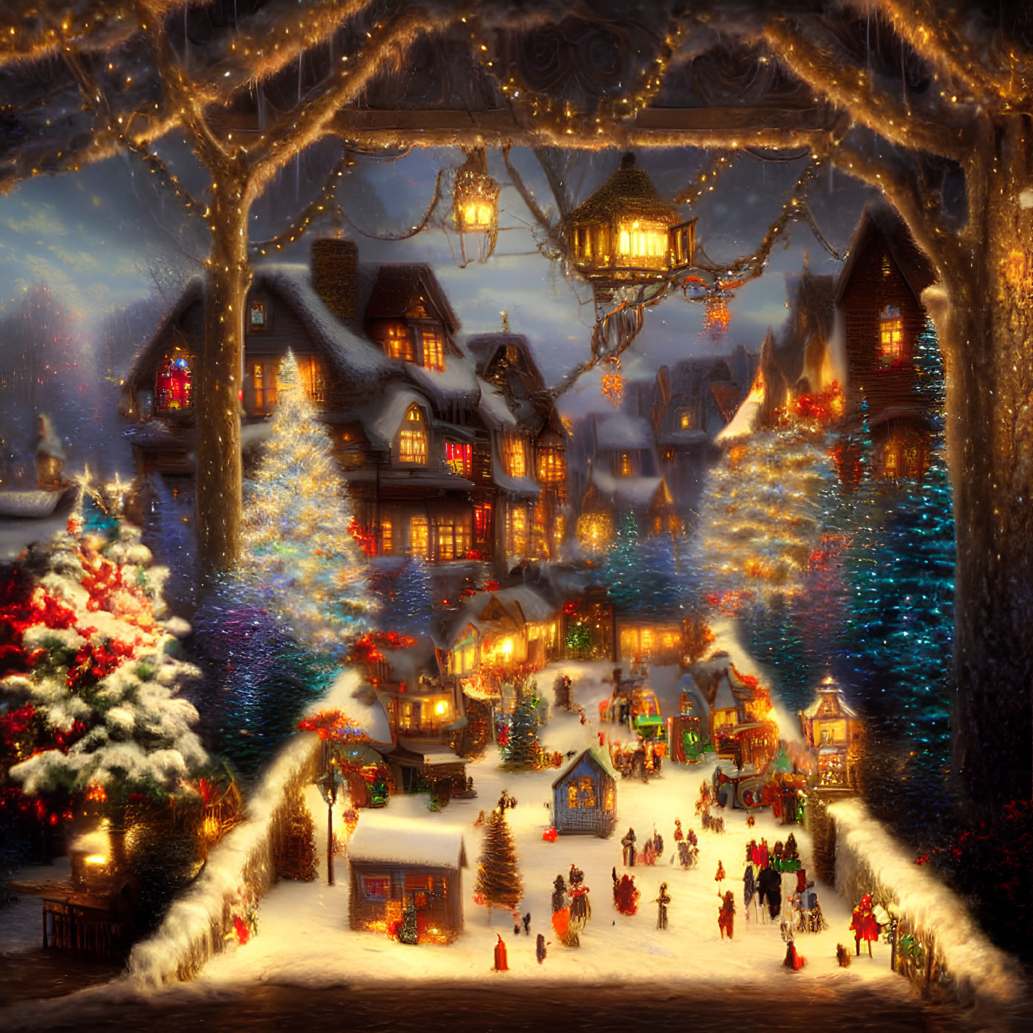 Snow-covered village with Christmas decorations and festive atmosphere