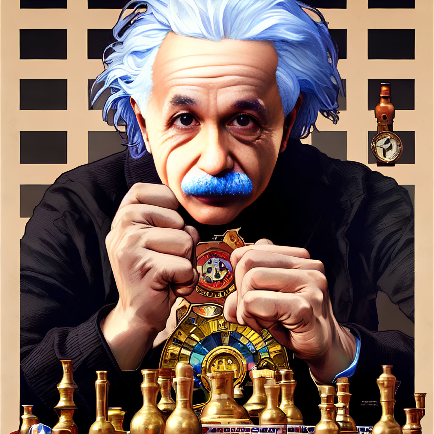 Person with Blue Hair Playing Chess Holding Pendant, Clock Background