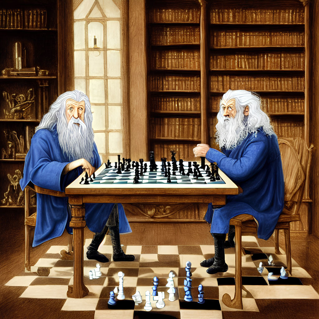 Elderly Wizards Playing Magical Chess in Cozy Room