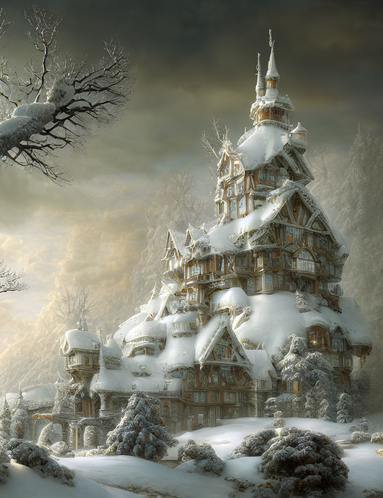 Detailed Fantasy House in Snowy Landscape with Towers and Bare Tree