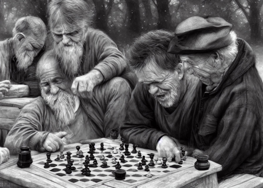 Elderly Men with Beards Playing Chess Outdoors