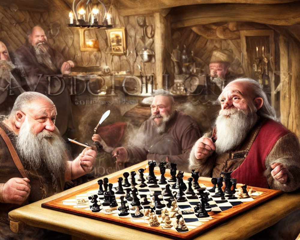 Jovial dwarves playing chess in cozy tavern setting