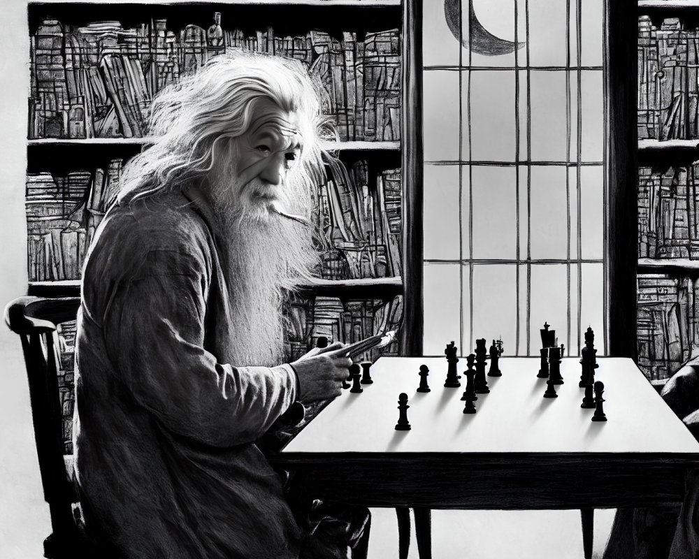 Elderly wizard playing chess in moonlit room full of books