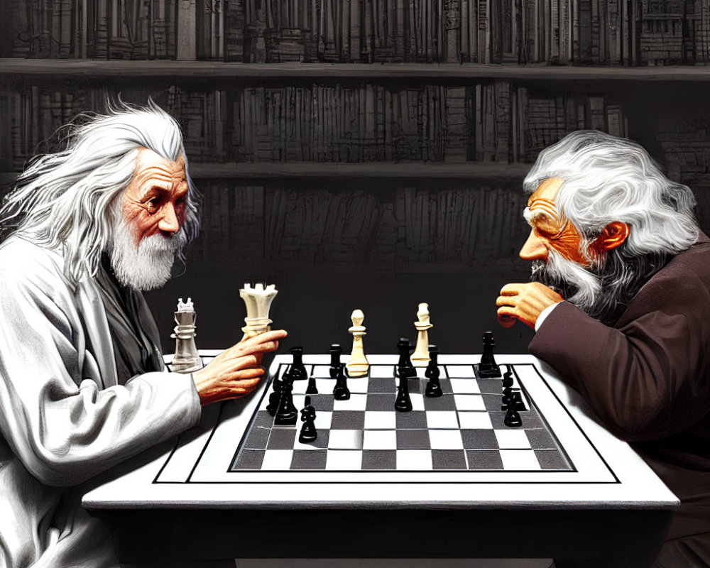 Elderly men with white beards playing chess in a book-filled room