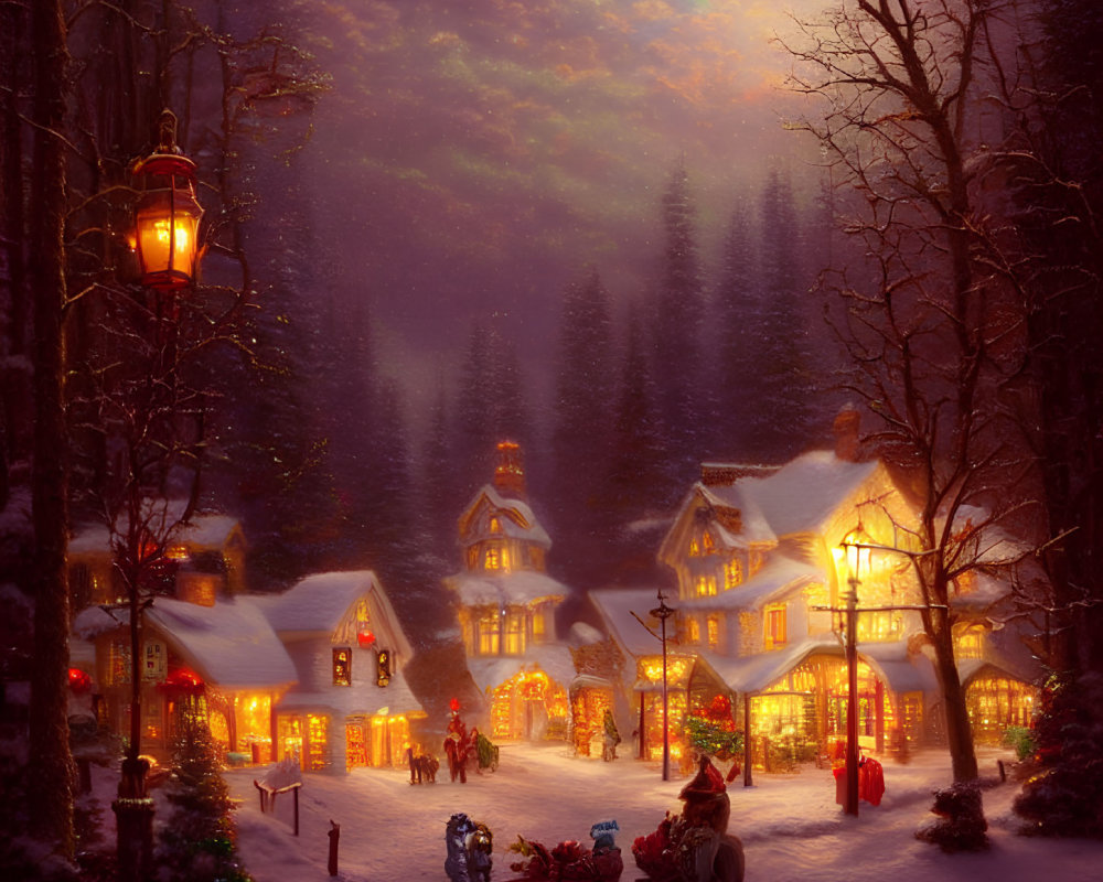 Snowy Village Scene with Glowing Windows, Horse-Drawn Sleigh, and Children Playing at