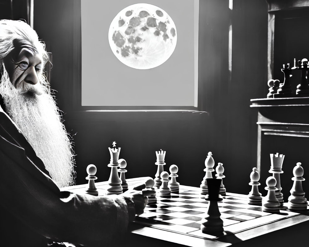 Monochromatic image: Elderly man contemplating chessboard and moon-view.