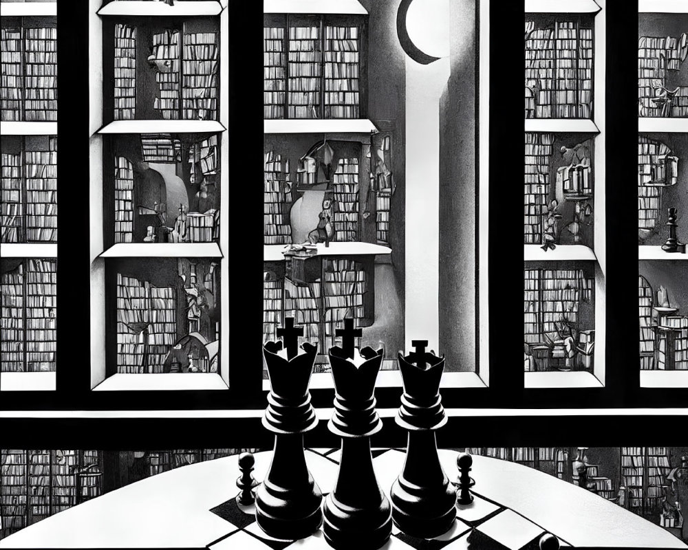 Surreal black and white library illustration with chess pieces and books