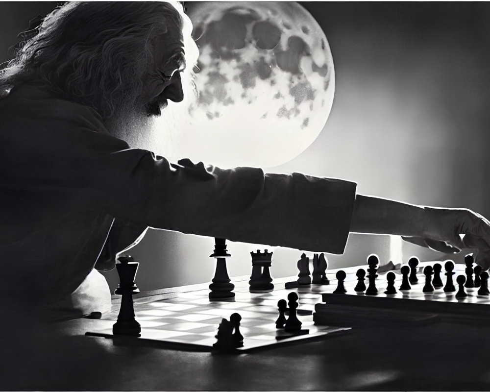 Monochrome artwork of man with long hair playing chess under moonlight