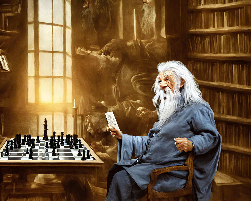 Elderly wizard reading scroll in book-filled room with chess set