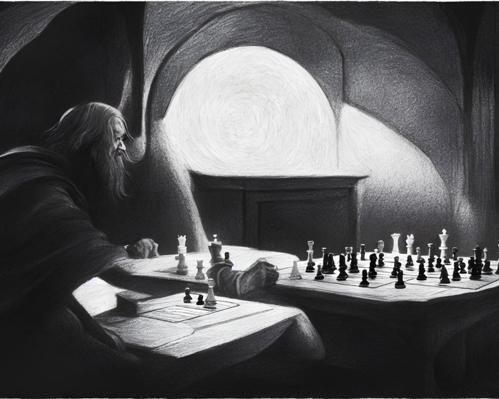 Individuals playing chess in dimly lit room with circular window