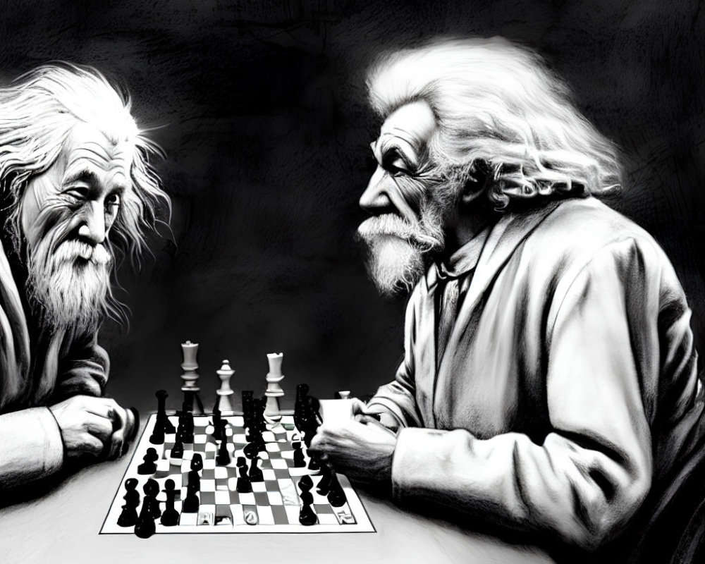 Elderly men with long white hair playing chess in monochrome style