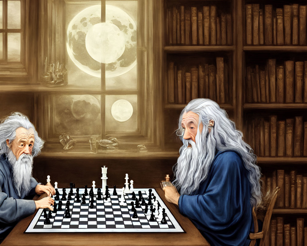 Elderly men playing chess in cozy room with bookshelf and full moon visible.