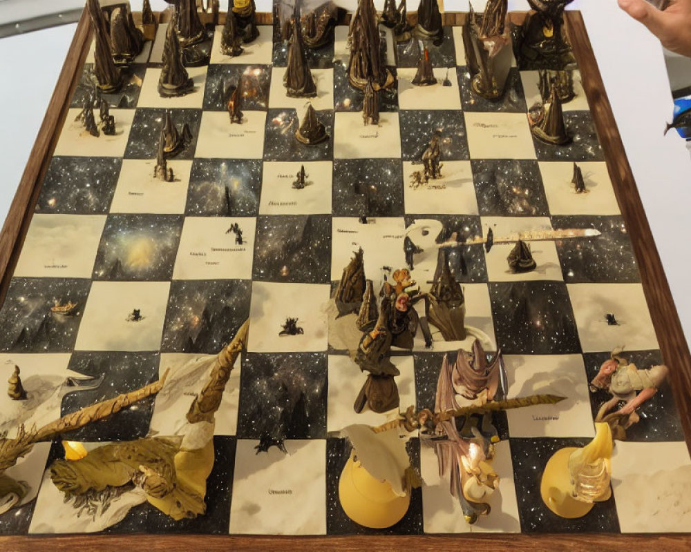 Space-themed chessboard with fantasy figures held by person