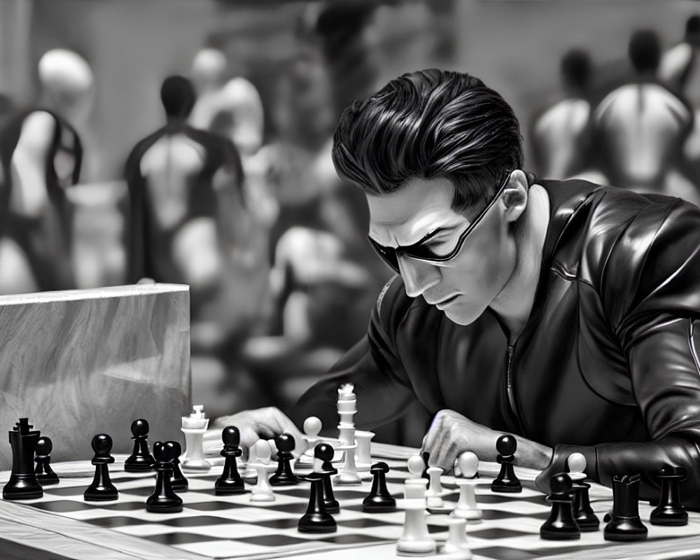 Individual in sunglasses and leather jacket plays chess with blurred background players