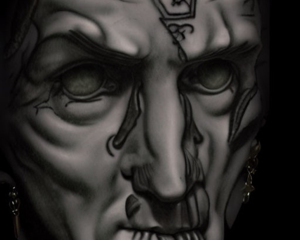 Detailed tribal mask with dramatic features on black background