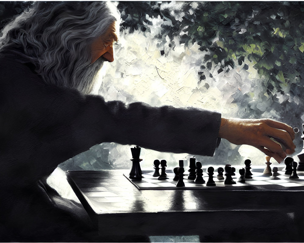 Elderly man with white hair and beard playing chess game