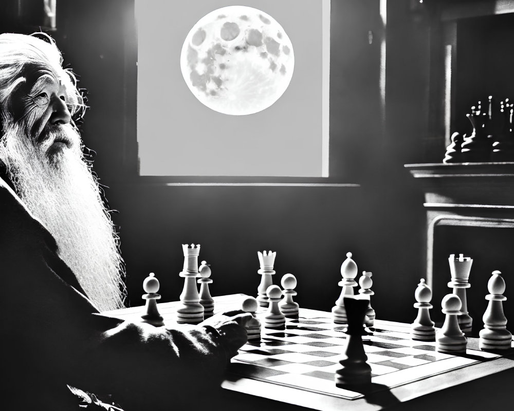 Elderly man with long beard at chessboard under moonlight