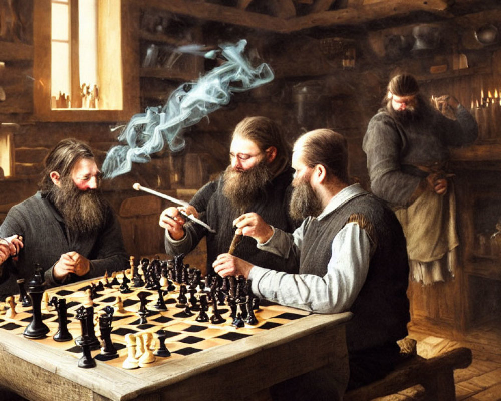 Three bearded men playing chess in rustic interior, one lighting pipe.