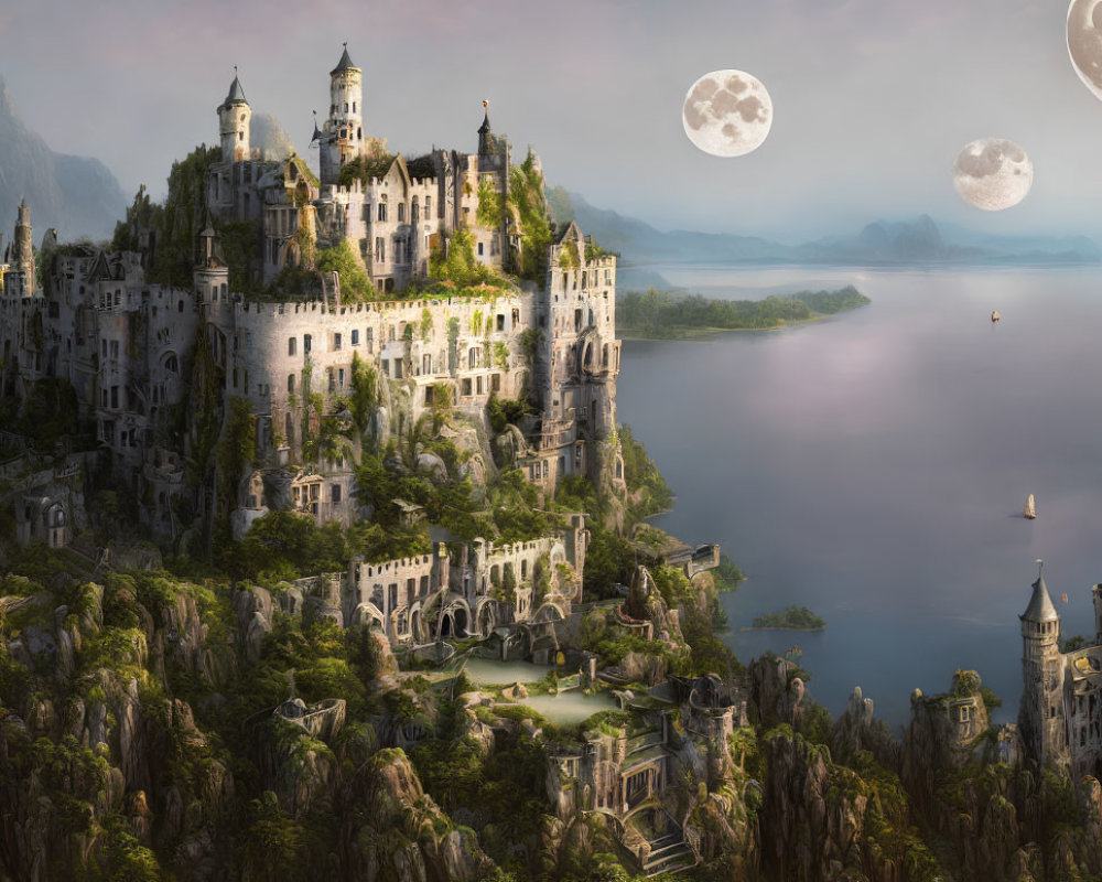 Fantasy castle on rugged cliffs with double moons, lush forests, and tranquil lake.