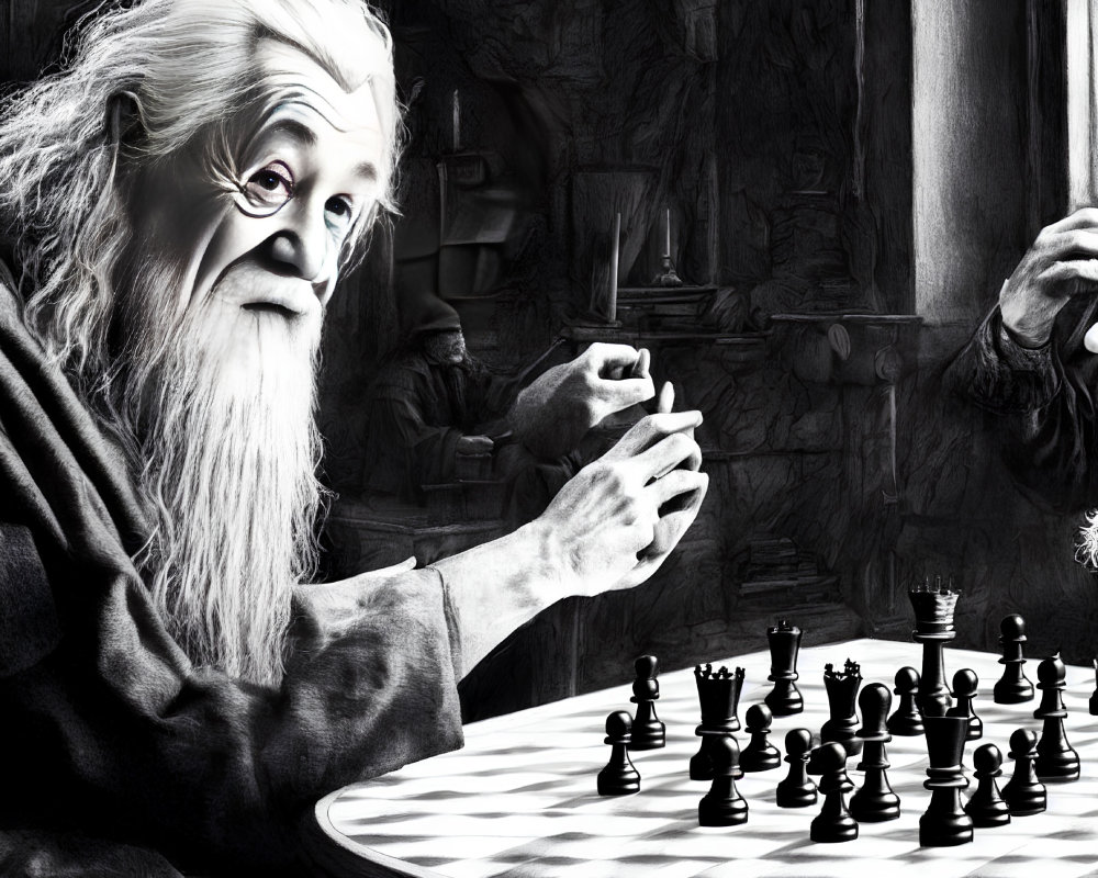 Elderly man with long white beard playing chess in dimly lit room