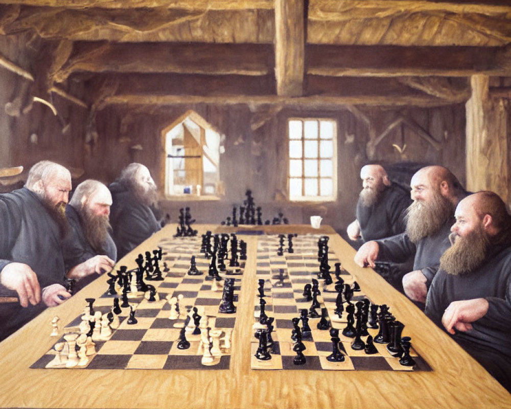 Bearded individuals playing large-scale chess in rustic wooden setting