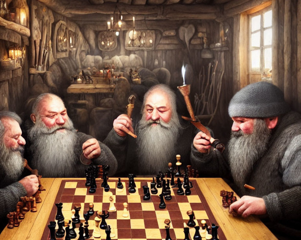 Four older men playing chess in cozy wooden cabin