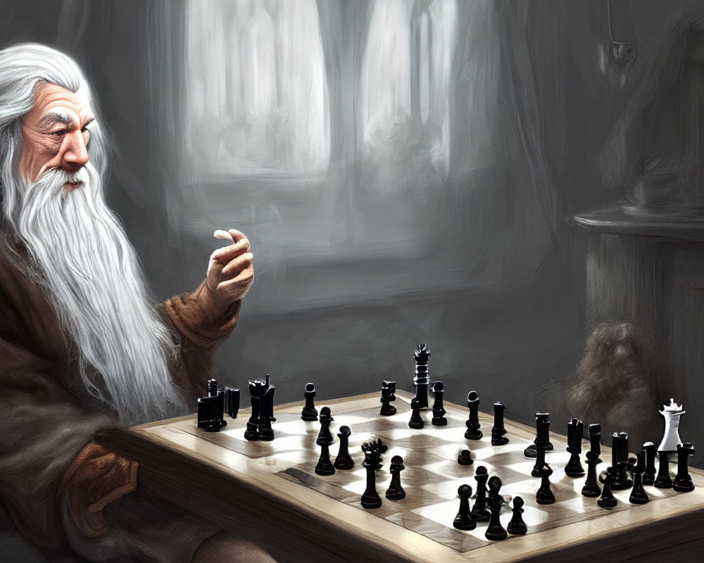 Elderly wizard playing chess in atmospheric room