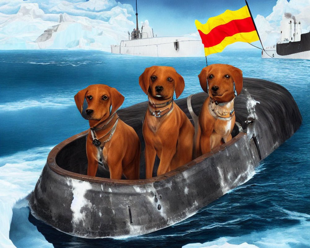 Three dogs in tire on ocean with icebergs and ship under cloudy sky