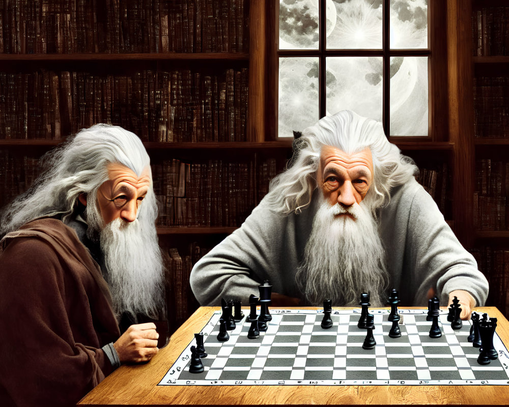 Elderly wizards playing chess in classical library with moonscape view