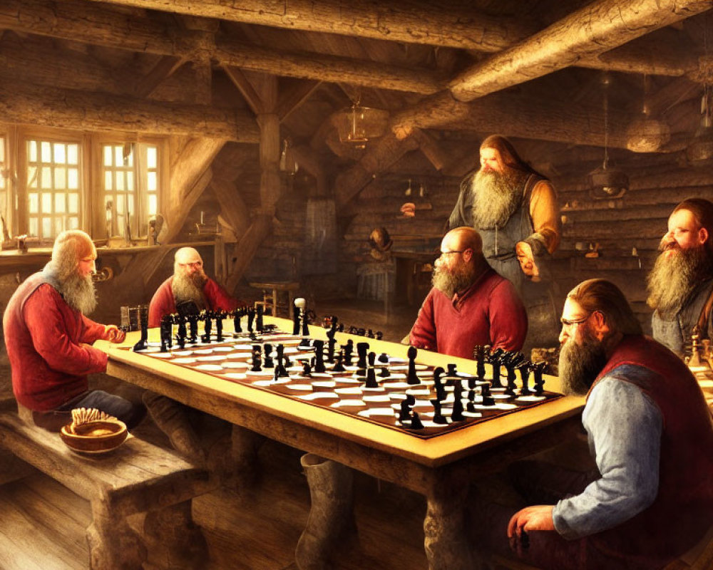 Bearded individuals playing chess in rustic cabin