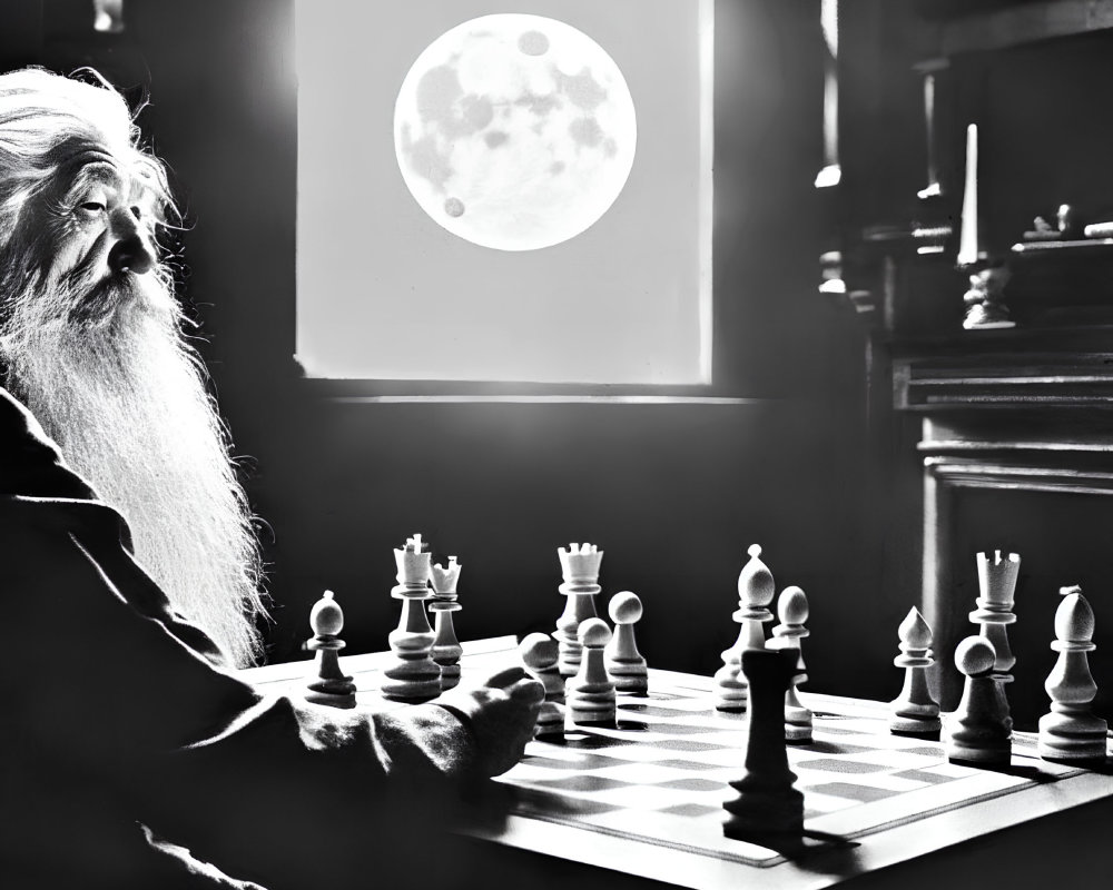 Monochrome image of bearded person contemplating chessboard by moonlit window