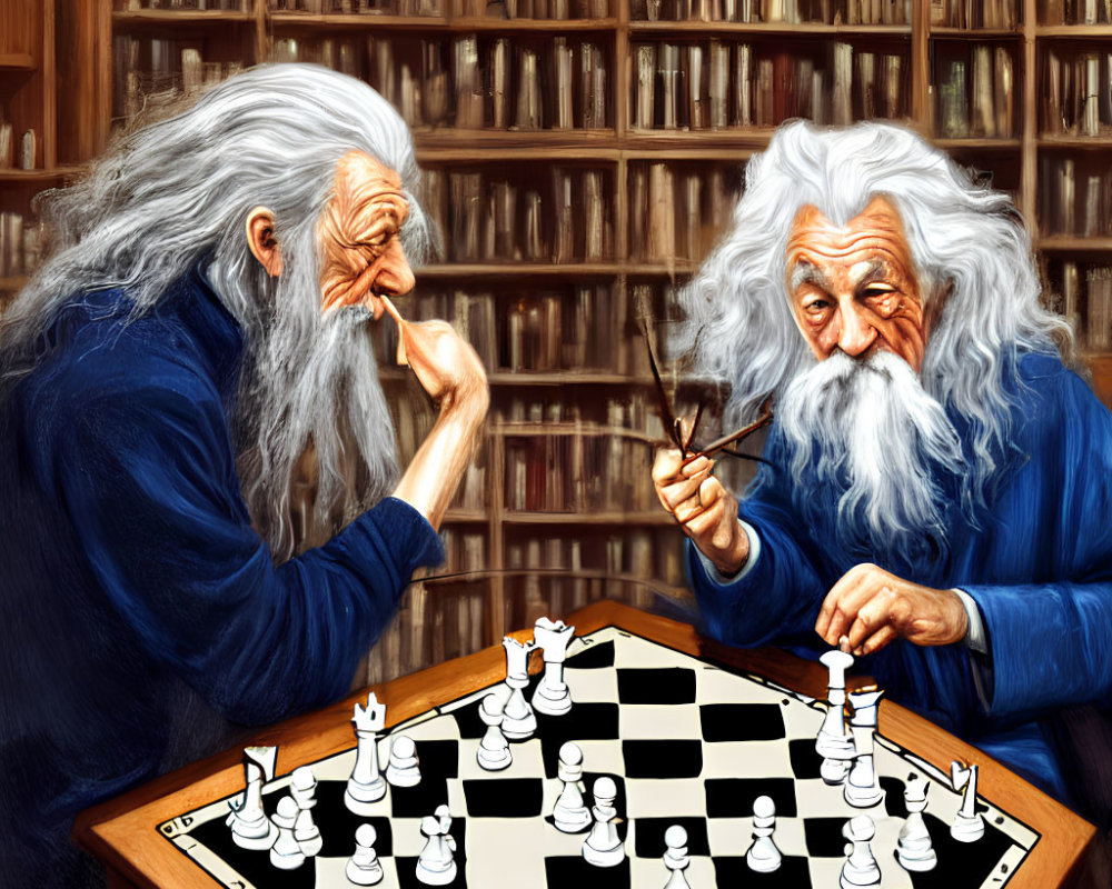 Elderly wizards in blue and grey playing chess in library