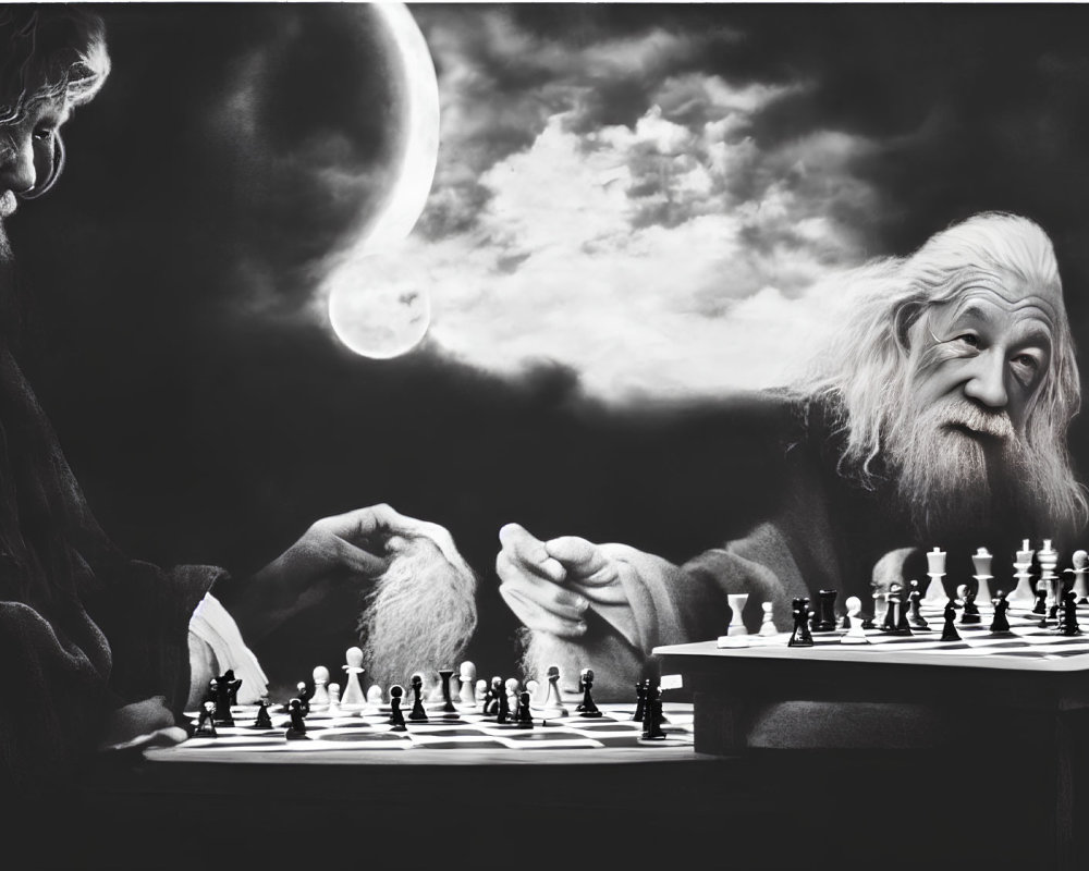 Two elderly wizards playing chess under crescent moon in cloudy night.