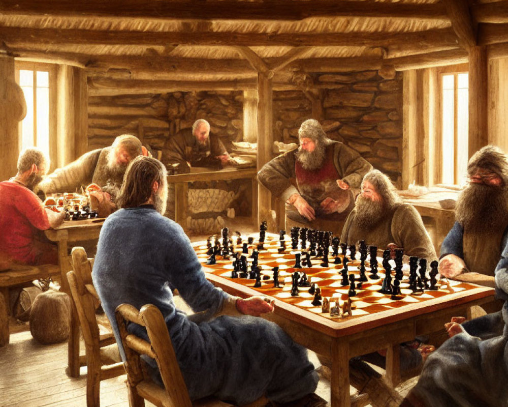 Medieval-themed chess game in rustic wooden cabin