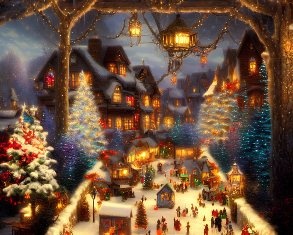 Snow-covered village with Christmas decorations and festive atmosphere