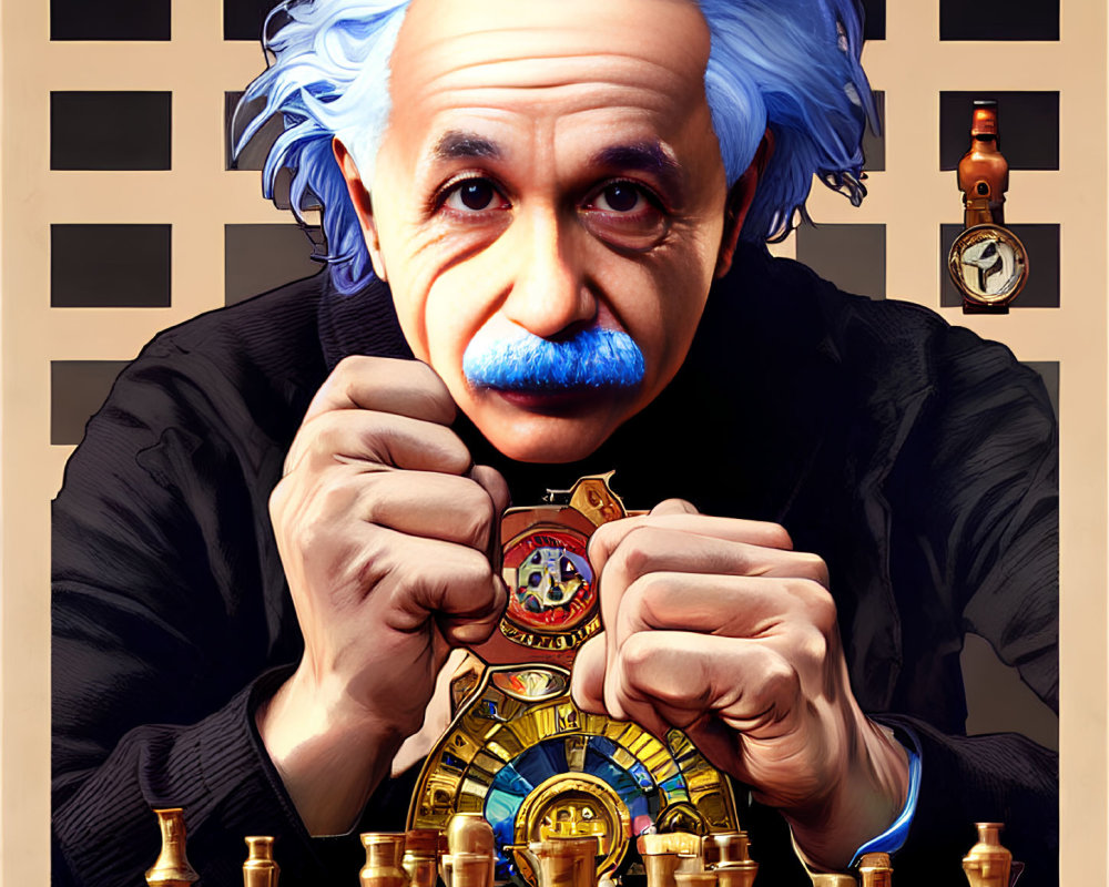 Person with Blue Hair Playing Chess Holding Pendant, Clock Background