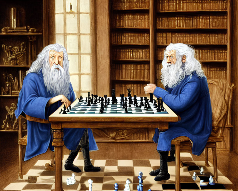 Elderly Wizards Playing Magical Chess in Cozy Room