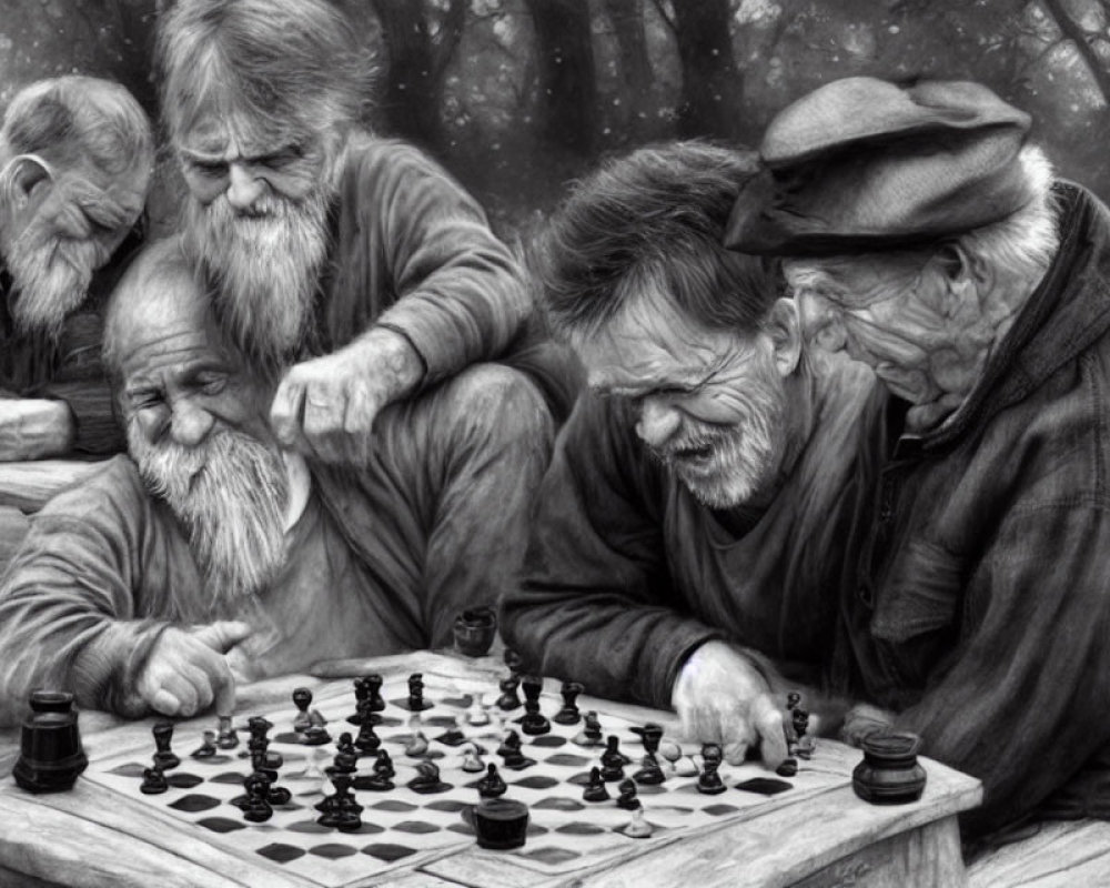 Elderly Men with Beards Playing Chess Outdoors