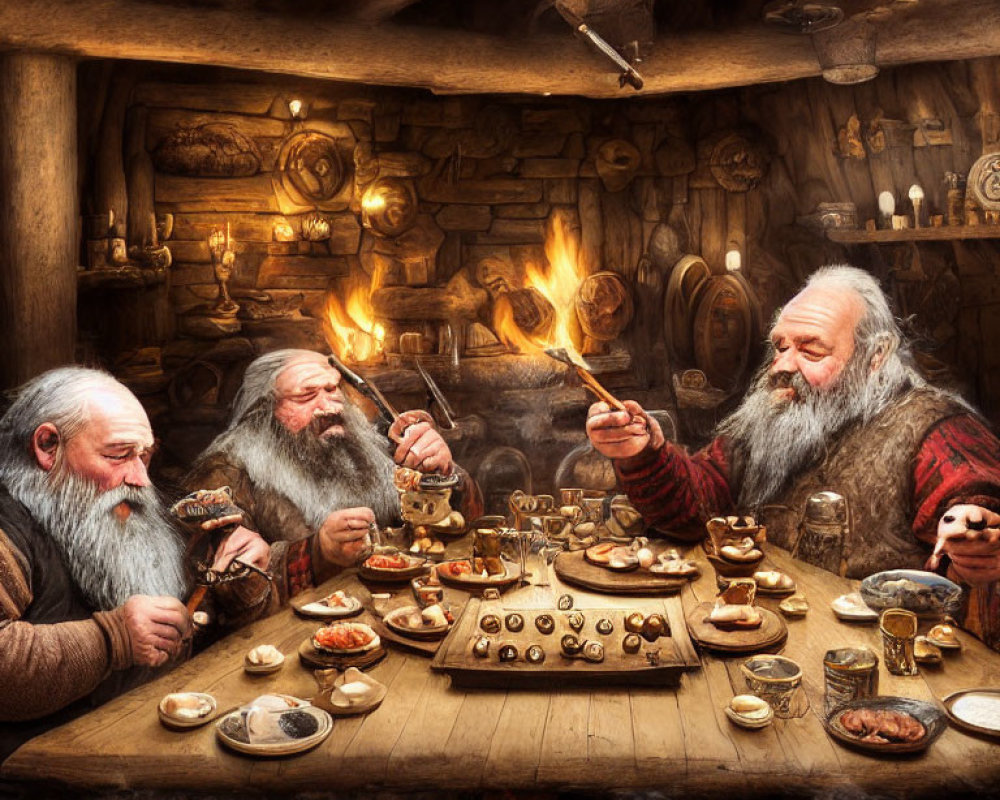 Bearded men playing chess in cozy rustic setting