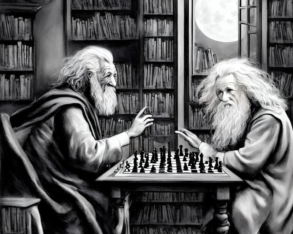 Bearded men playing chess in library under full moon