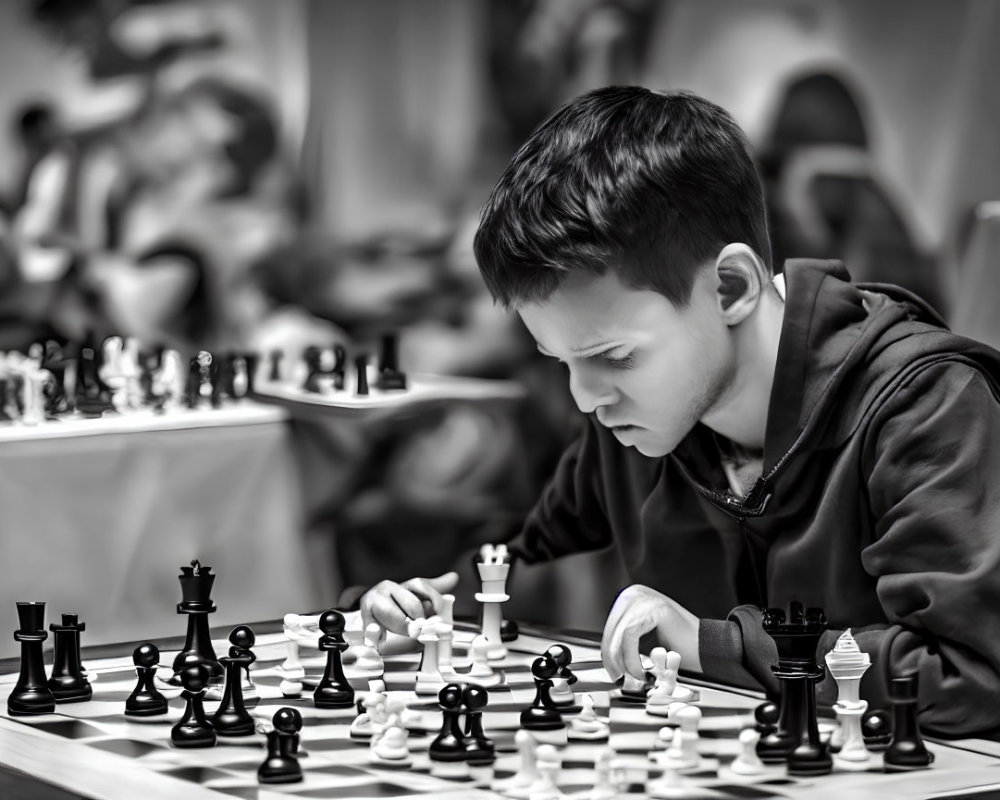 Young boy playing chess with black and white pieces, blurred background players