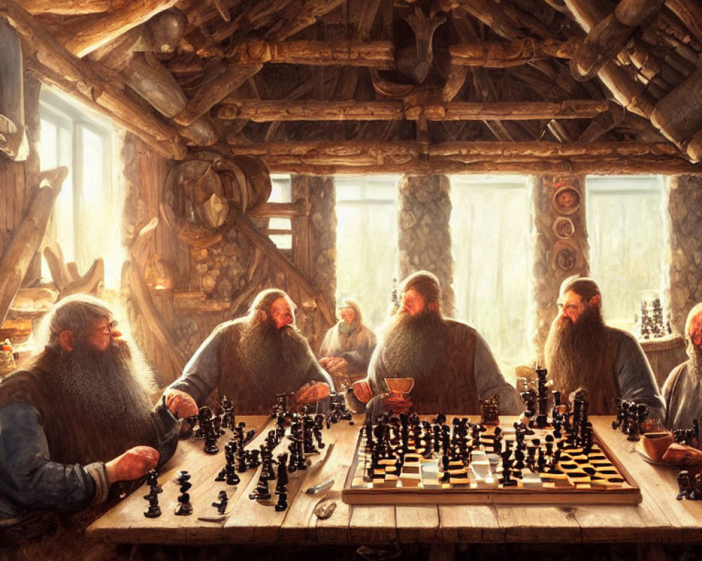 Bearded men playing chess in rustic wooden cabin