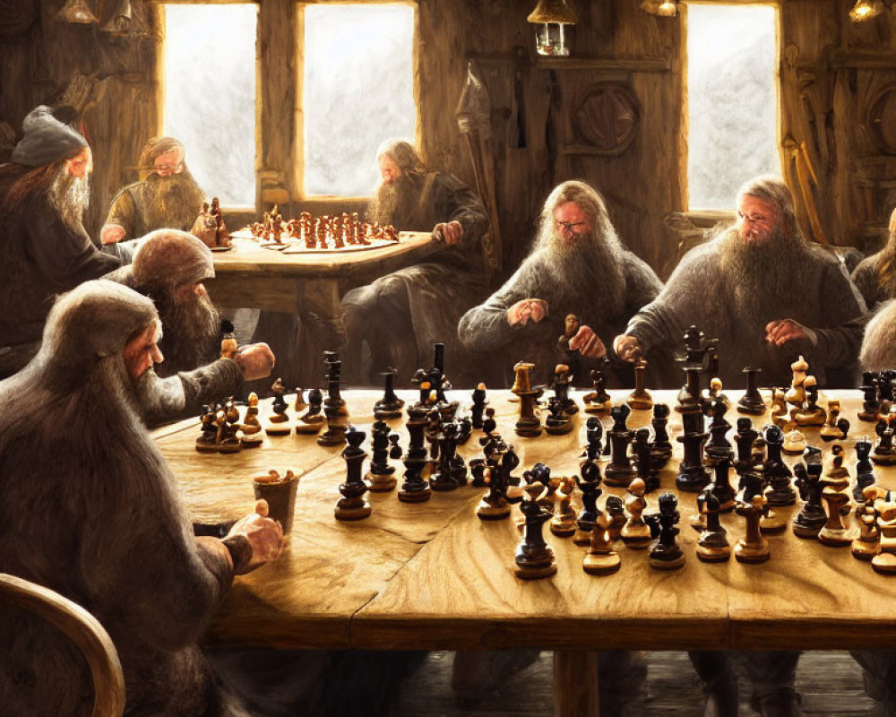 Medieval-themed chess games in rustic cabin setting