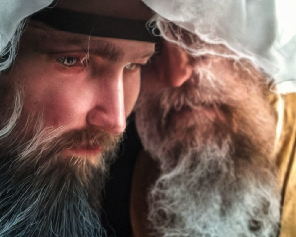 Two men in historical/fantasy costume with beards, one thoughtful and the other contemplative.